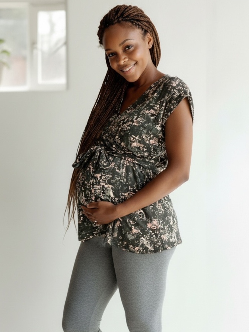 Liz Lange Maternity Top Large Green Floral Tie Waist Blouse Pregnancy